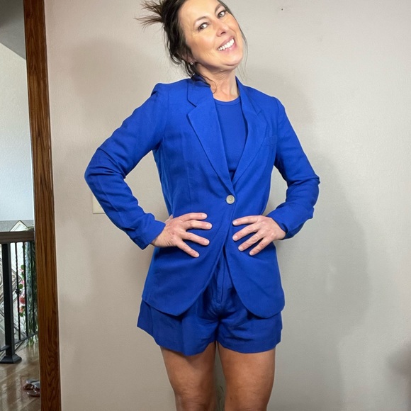 H&M Cobalt Blue 3 Piece Short Suit & Cropped Tank Small Linen Blend - Picture 1 of 16